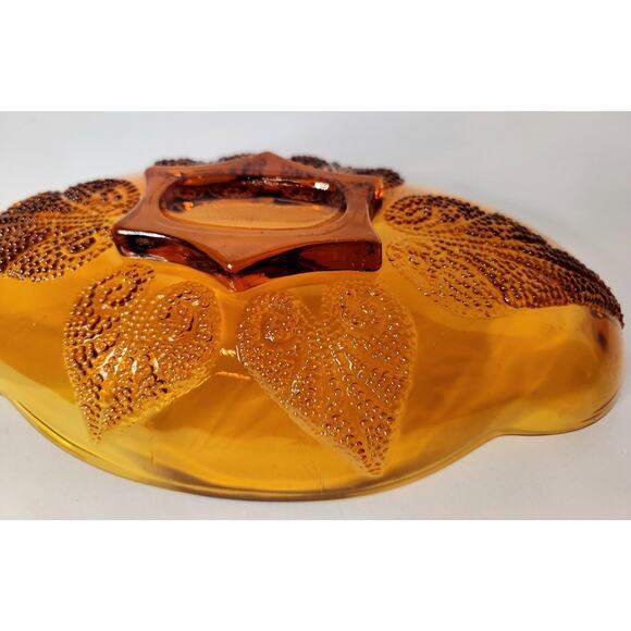 Vintage Amber Pressed Glass Oval Serving Dish Retro Textured Leaf Pattern Bowl - Picture 6 of 7